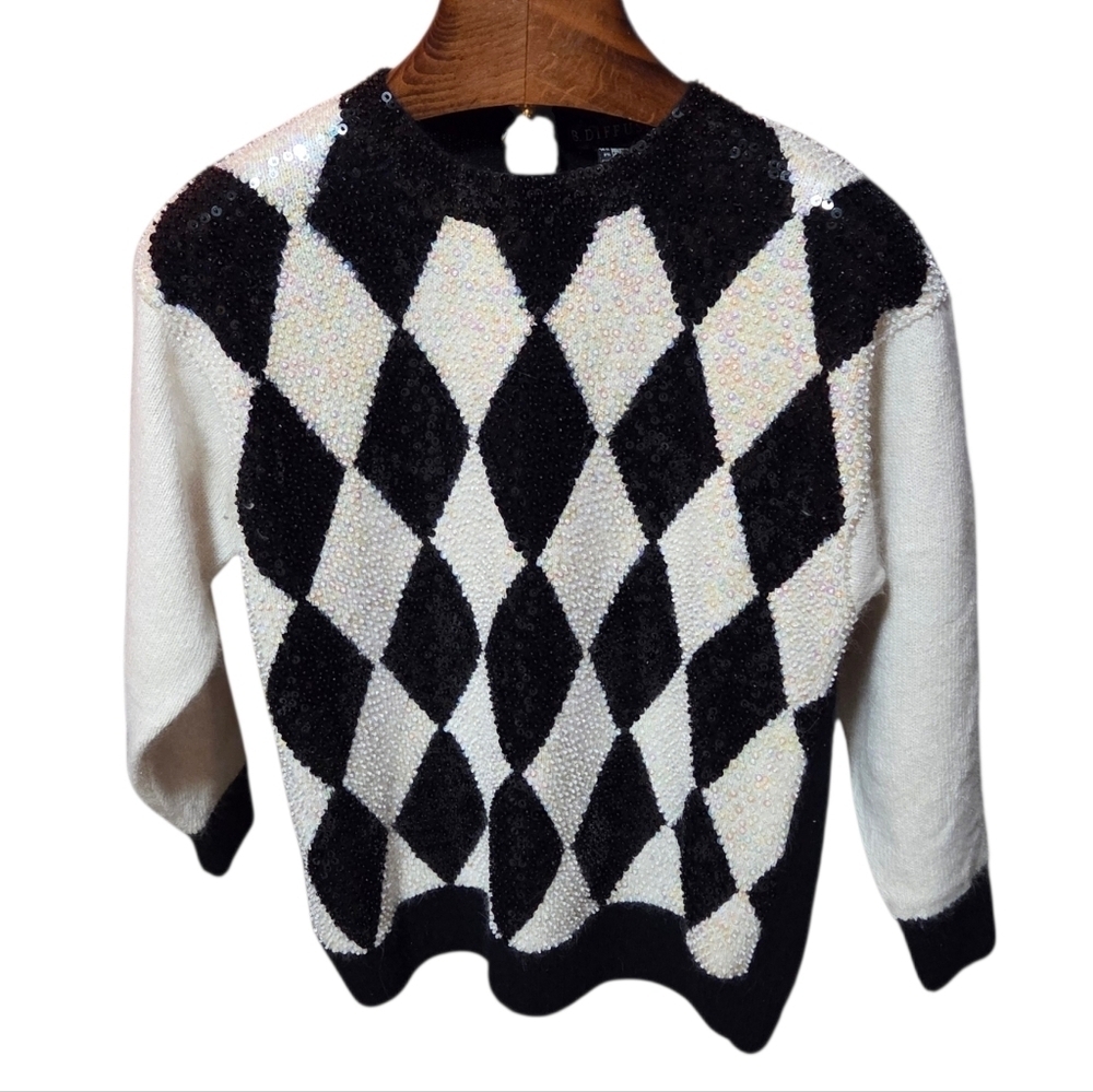 Vintage 80's I.B. Diffusion Beaded Argyle Black/White Silk Angora Sweater Medium